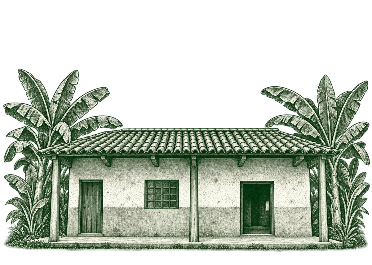 Sede da fazenda entre bananeiras, em gravura